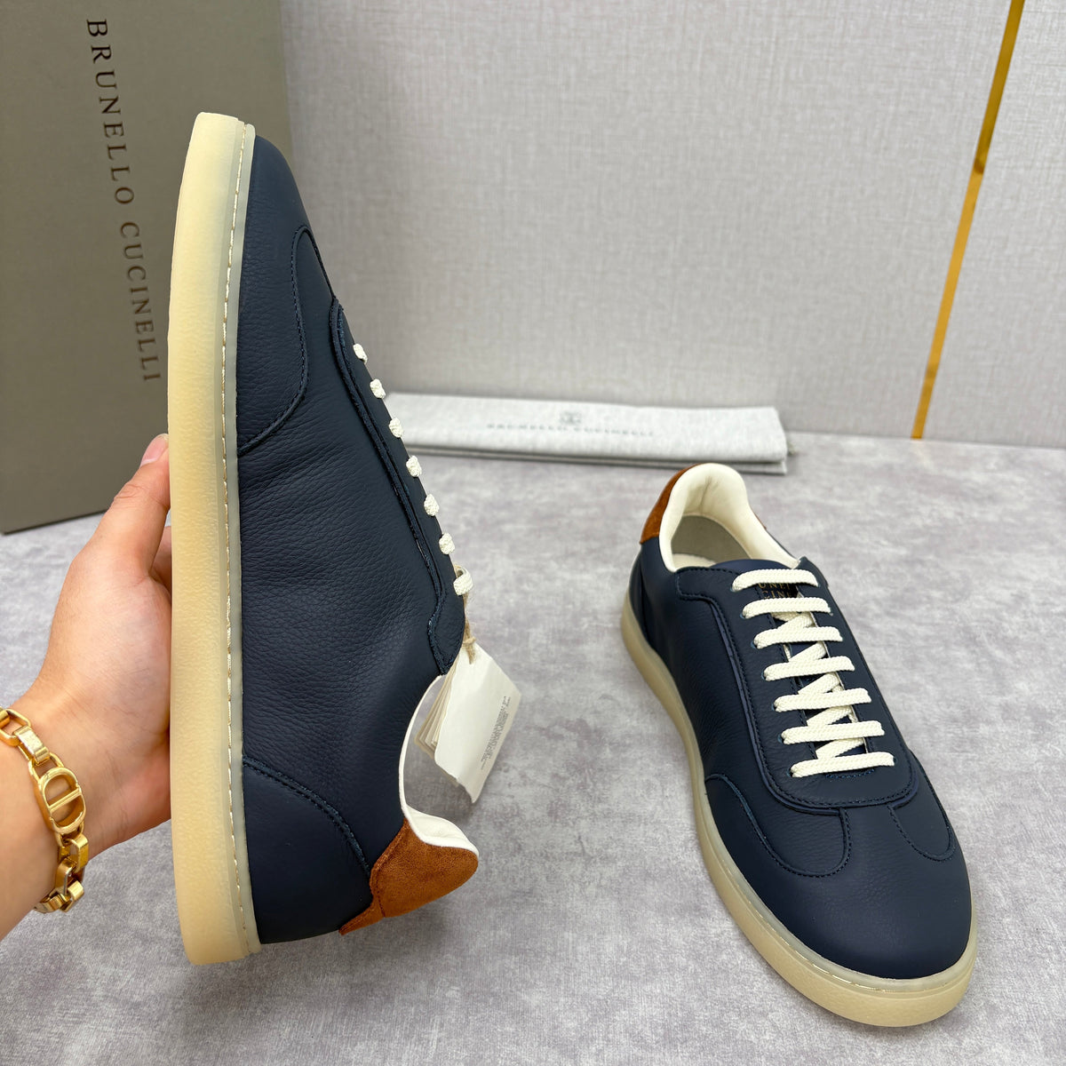Navy Suede Low-Top with Tan Heel - Men's