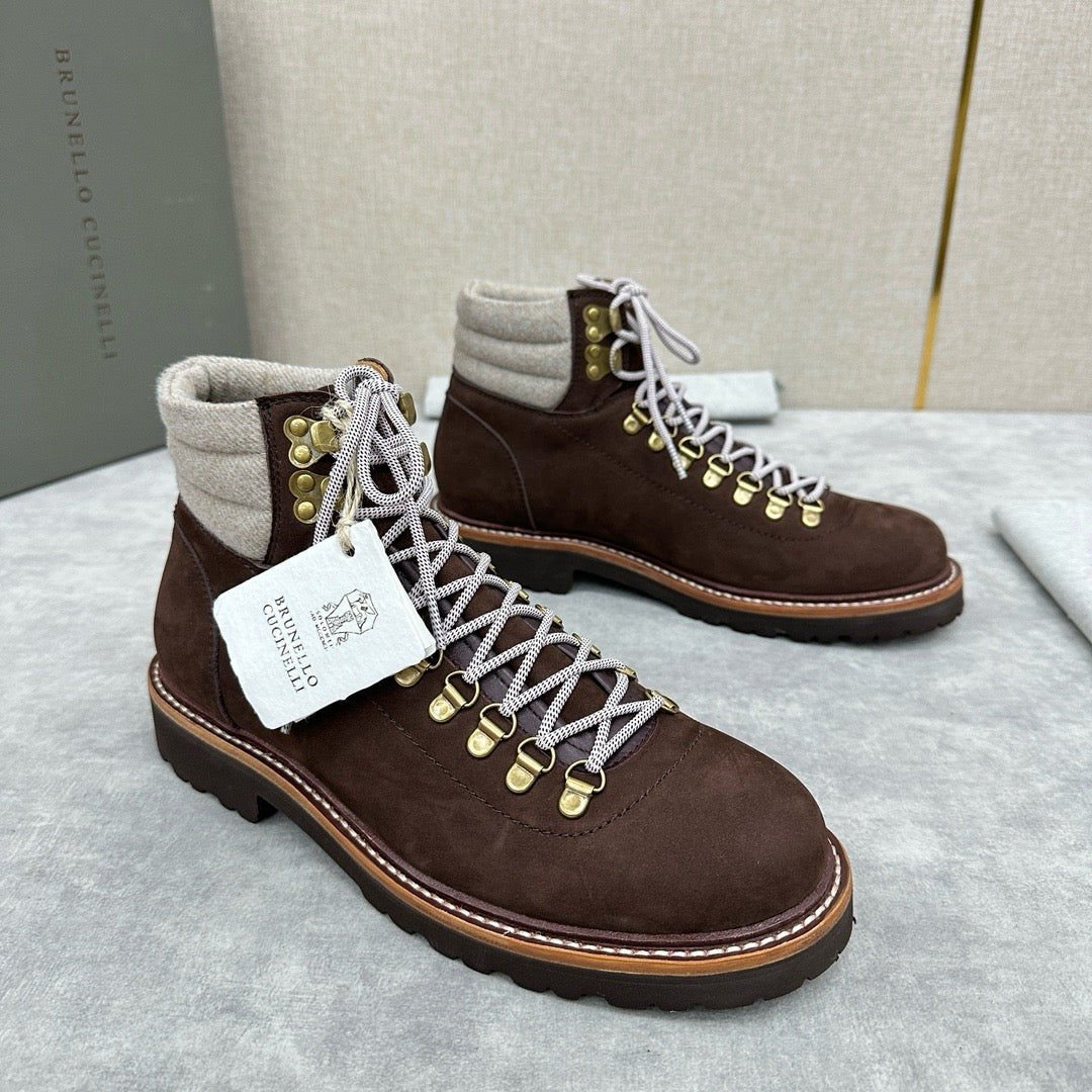 Brown Suede Shearling Collar Hiking Boot - Men's
