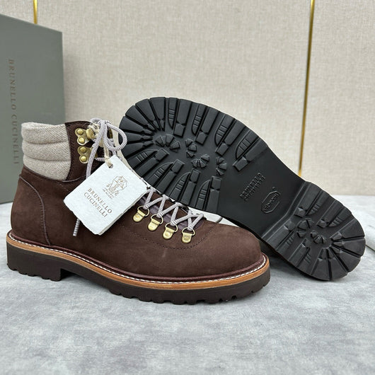 Brown Suede Shearling Collar Hiking Boot - Men's