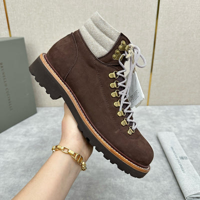 Brown Suede Shearling Collar Hiking Boot - Men's