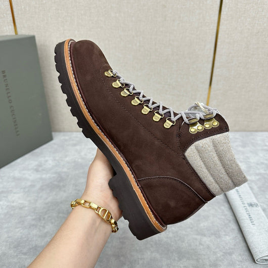 Brown Suede Shearling Collar Hiking Boot - Men's