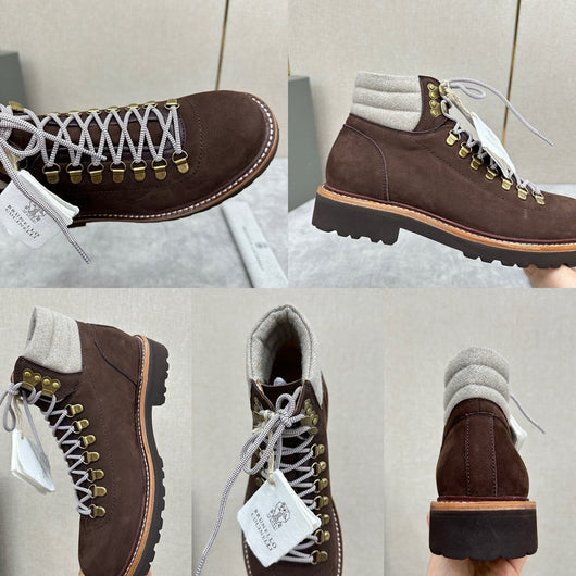 Brown Suede Shearling Collar Hiking Boot - Men's