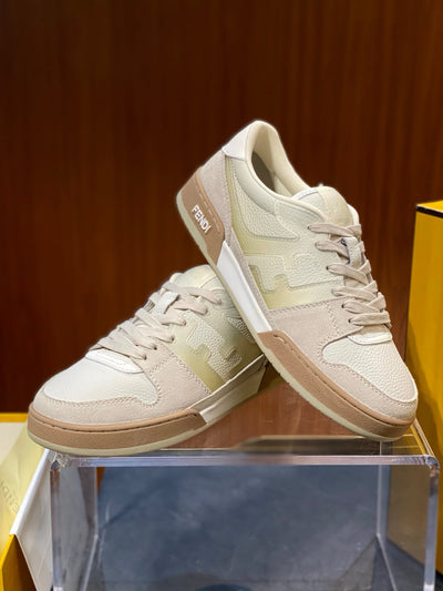Cream Leather Panelled Low-Top - Men's