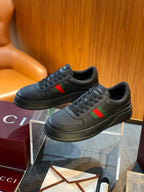 Black Leather Striped Low-Top - Men's