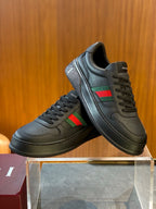 Black Leather Striped Low-Top - Men's