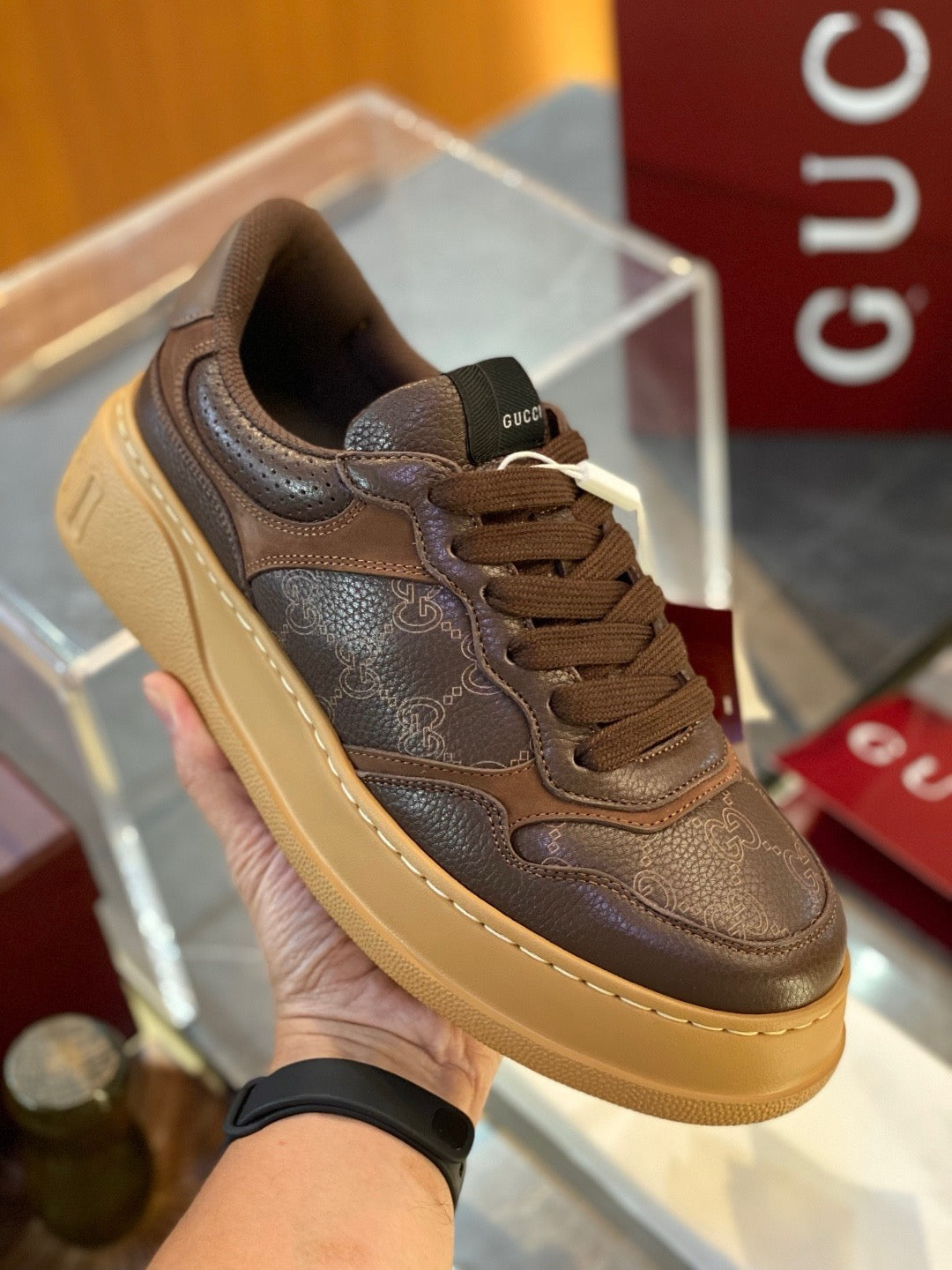 Brown Leather Embossed Low-Top - Men's