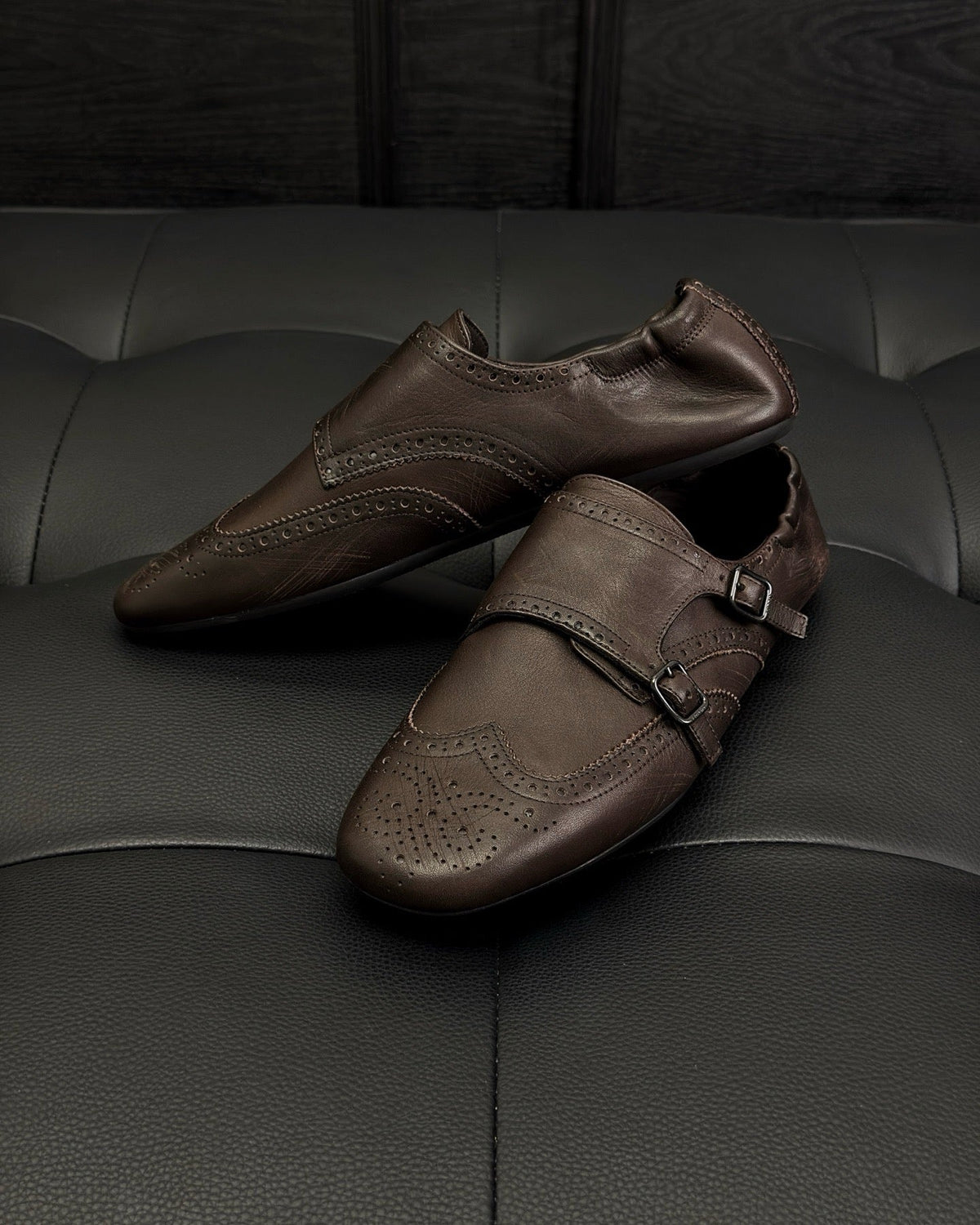 Brown Leather Double Buckle Monk - Men's
