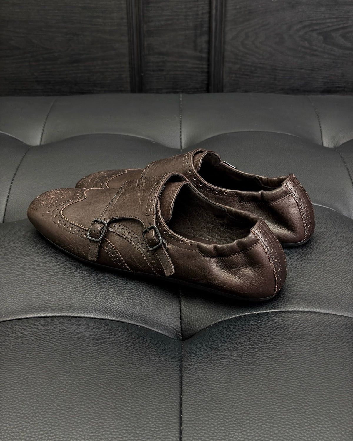 Brown Leather Double Buckle Monk - Men's