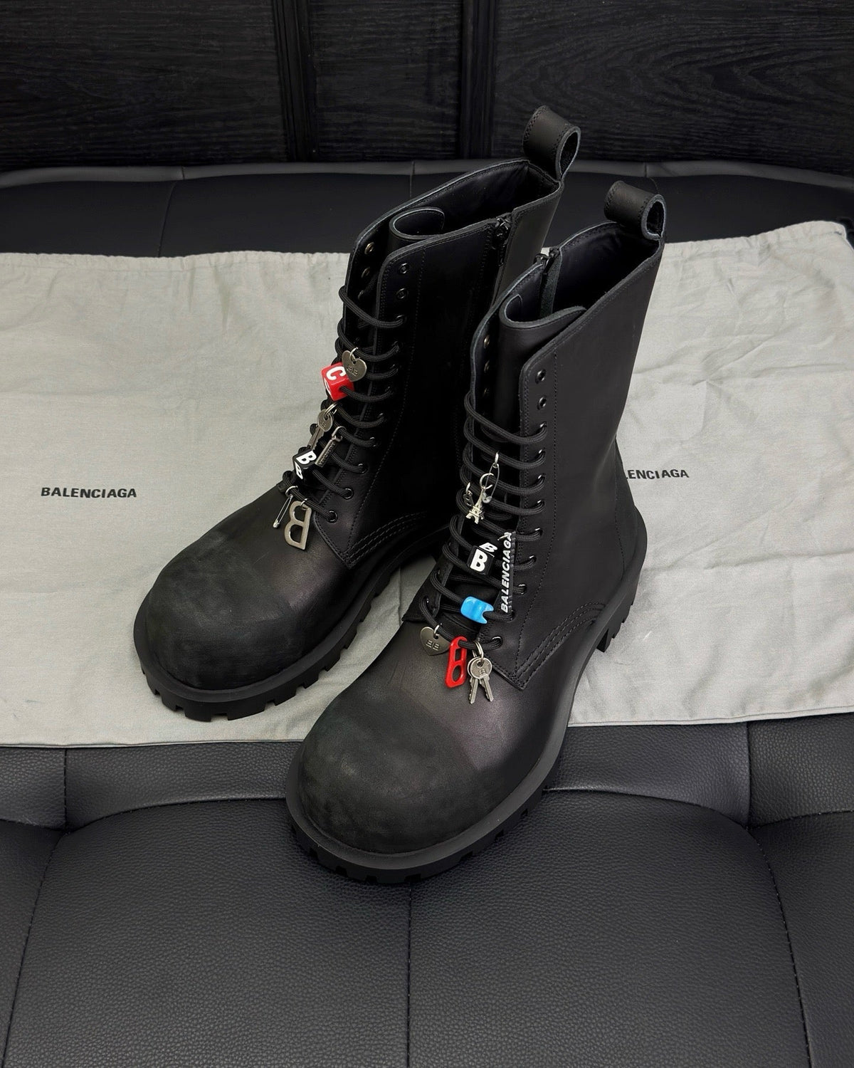 Black Leather Charm Combat Boot - Men's
