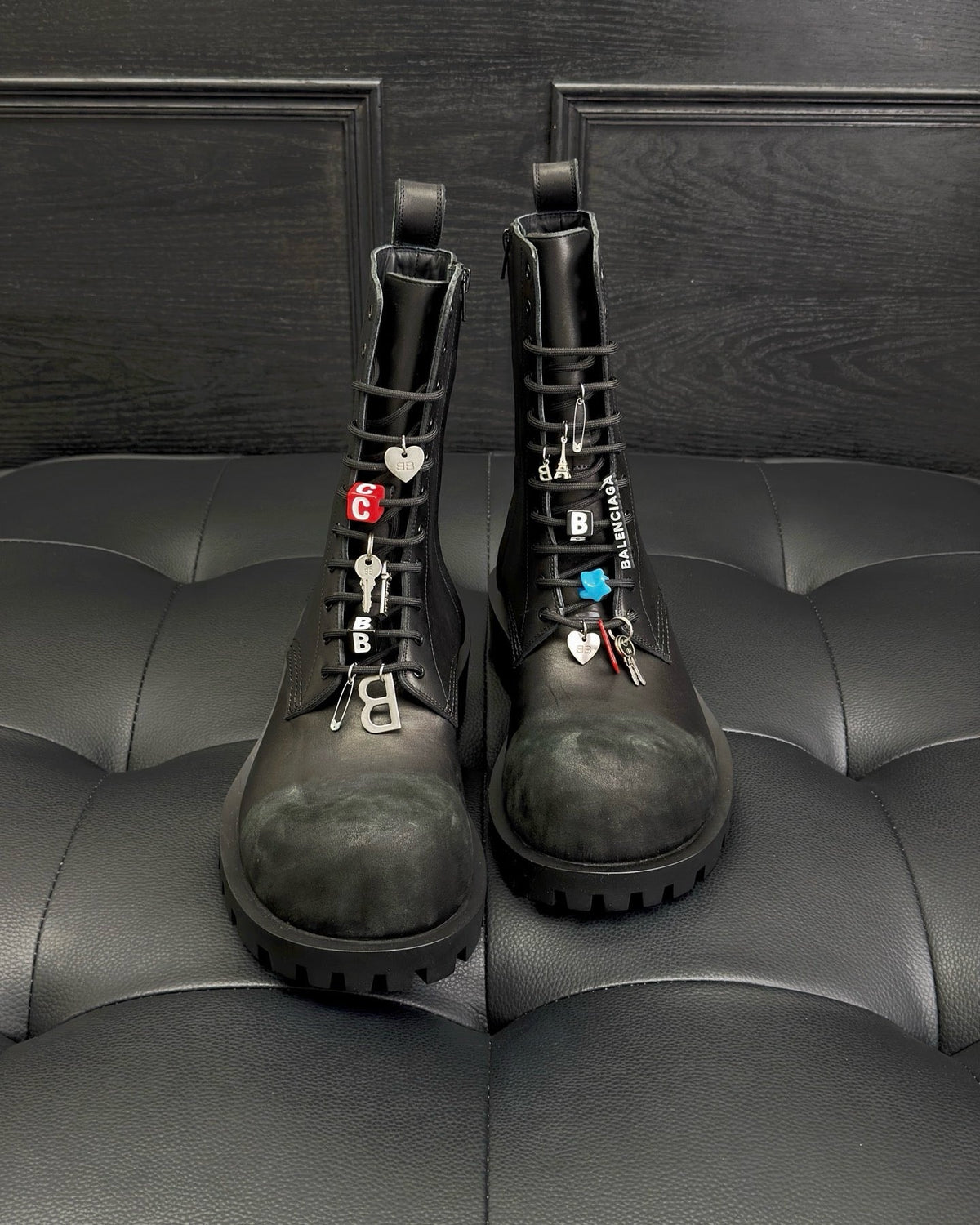 Black Leather Charm Combat Boot - Men's