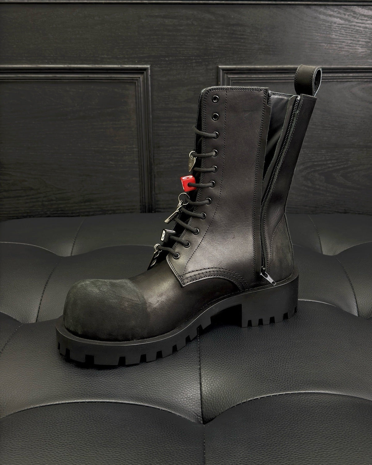 Black Leather Charm Combat Boot - Men's