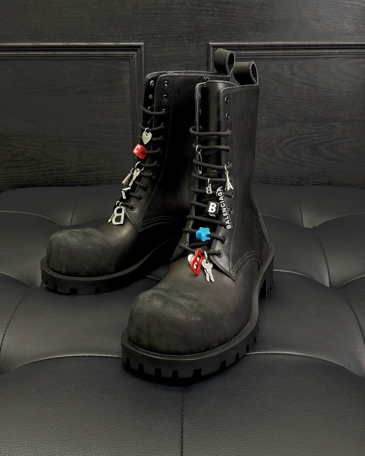 Black Leather Charm Combat Boot - Men's