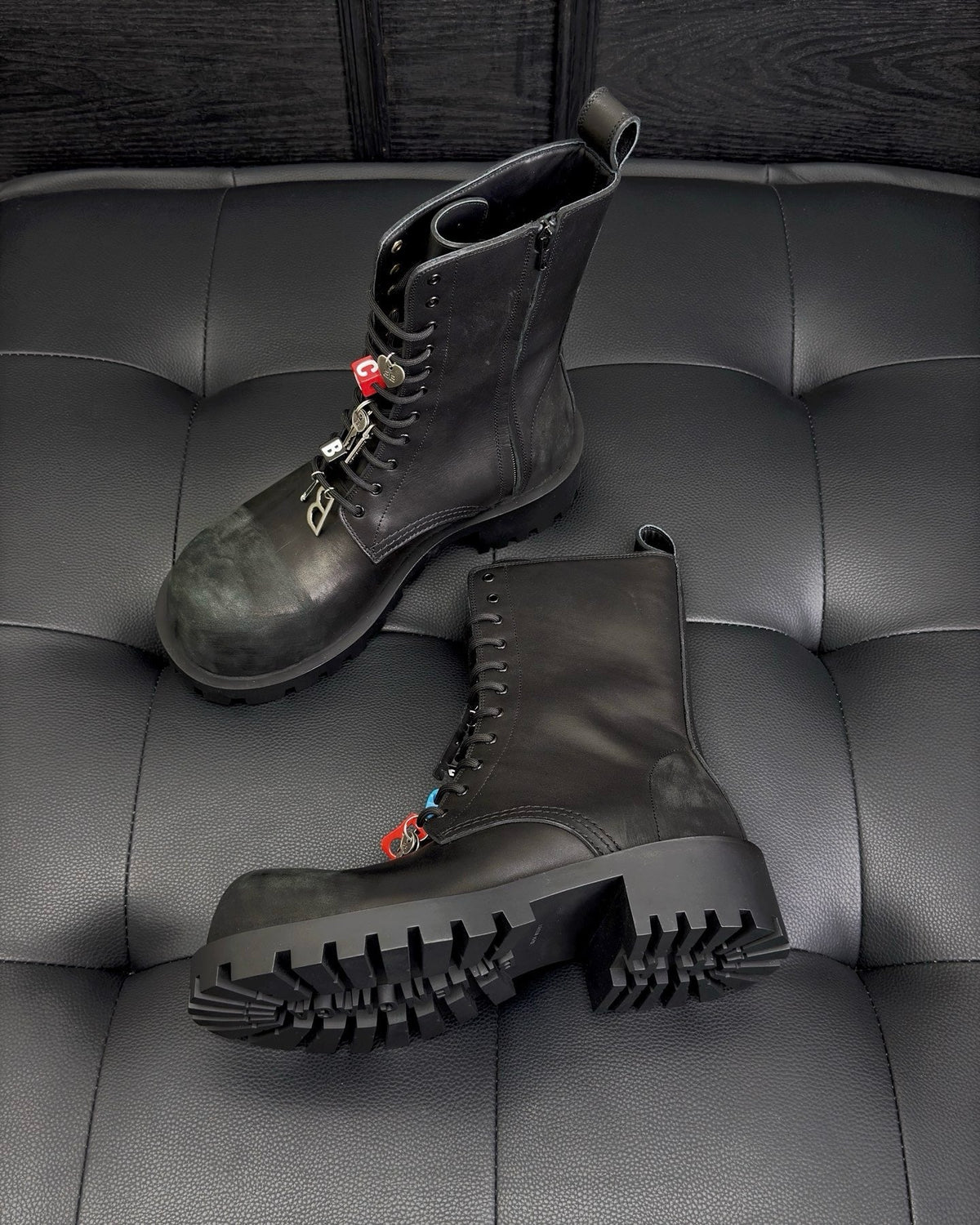 Black Leather Charm Combat Boot - Men's