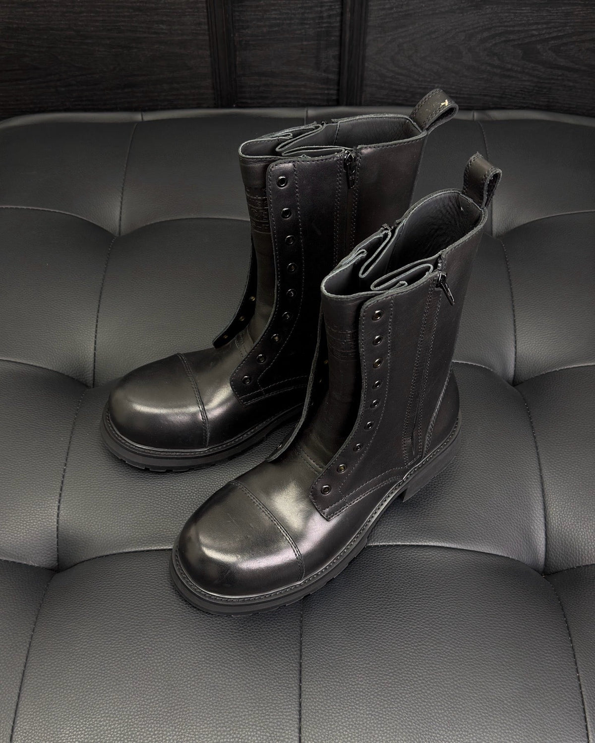 Black Leather Lace-Up Combat Boot - Men's