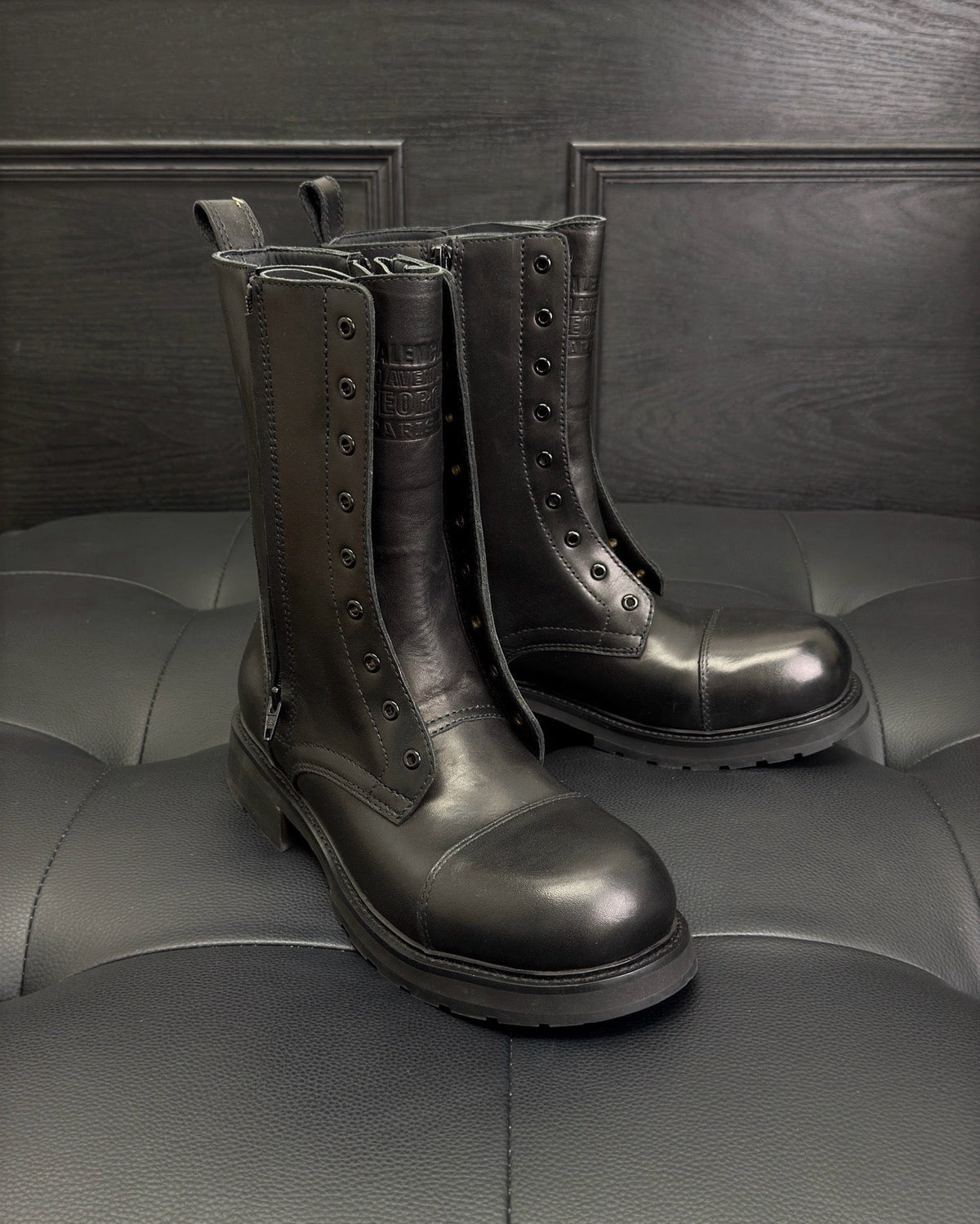 Black Leather Lace-Up Combat Boot - Men's
