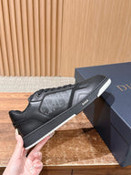 Black Leather Embossed Low-Top - Men's