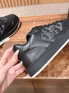 Black Leather Embossed Low-Top - Men's