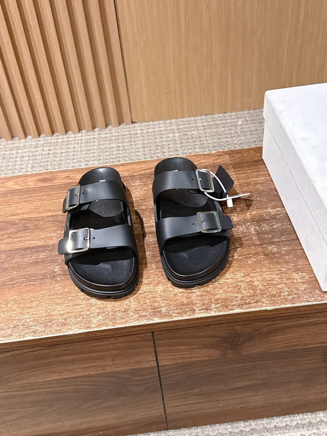 Black Leather Contrast Footbed Double Strap - Women's