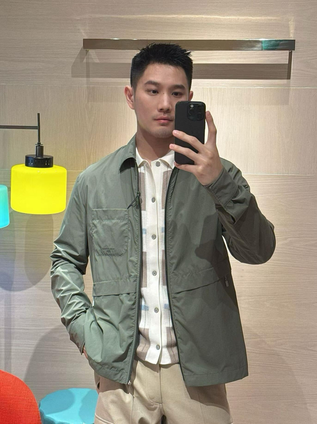 Green Nylon Plain Shirt Jacket - Men's