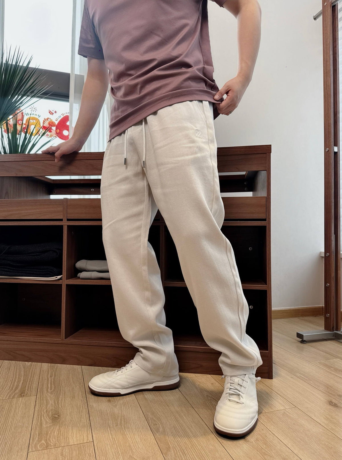 Cream Cotton Drawstring Joggers - Women's