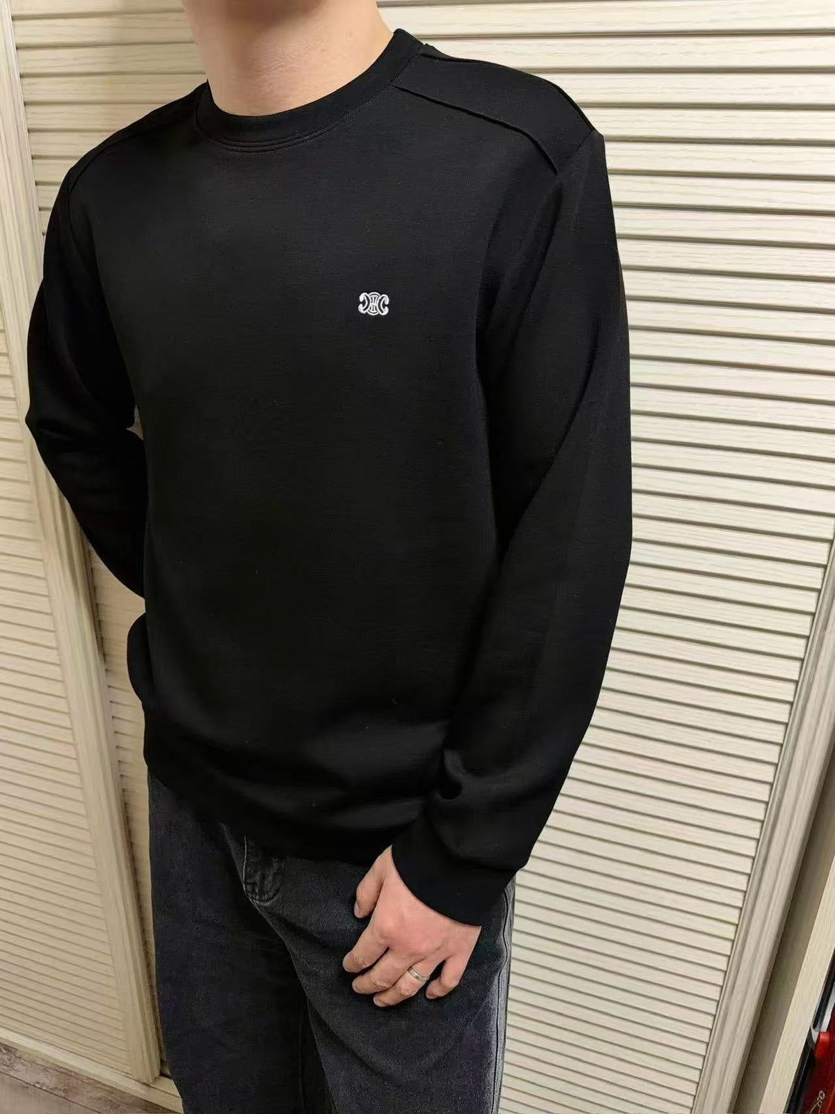 Black Cotton Small Logo Crewneck - Men's