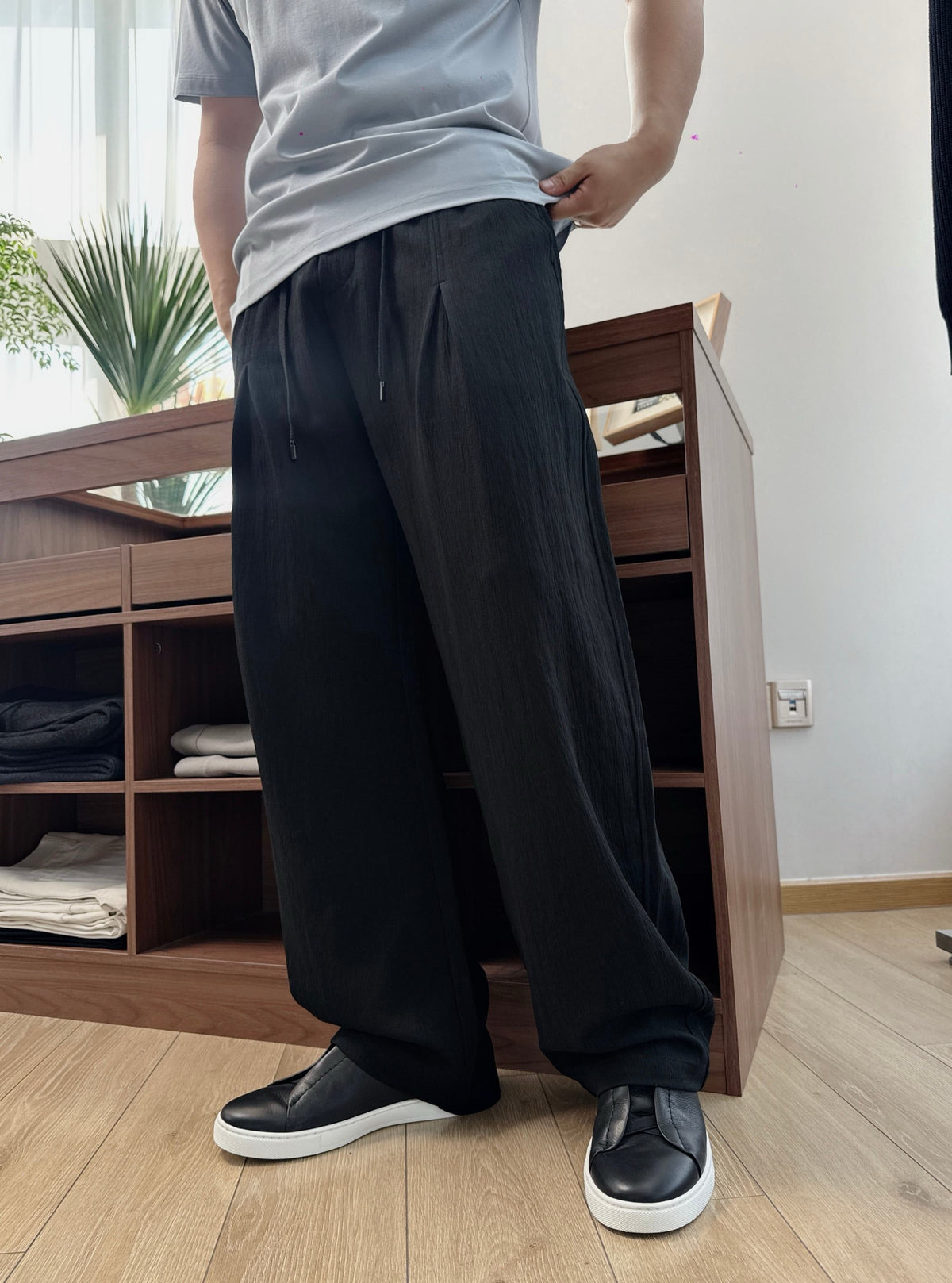Black Cotton Elasticated Wide-Leg - Men's