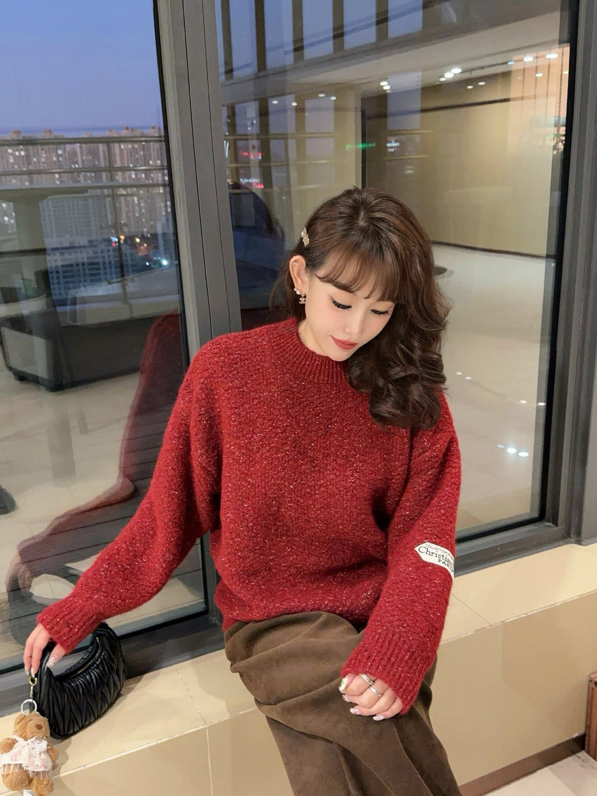 Red Wool Plain Crewneck - Men's