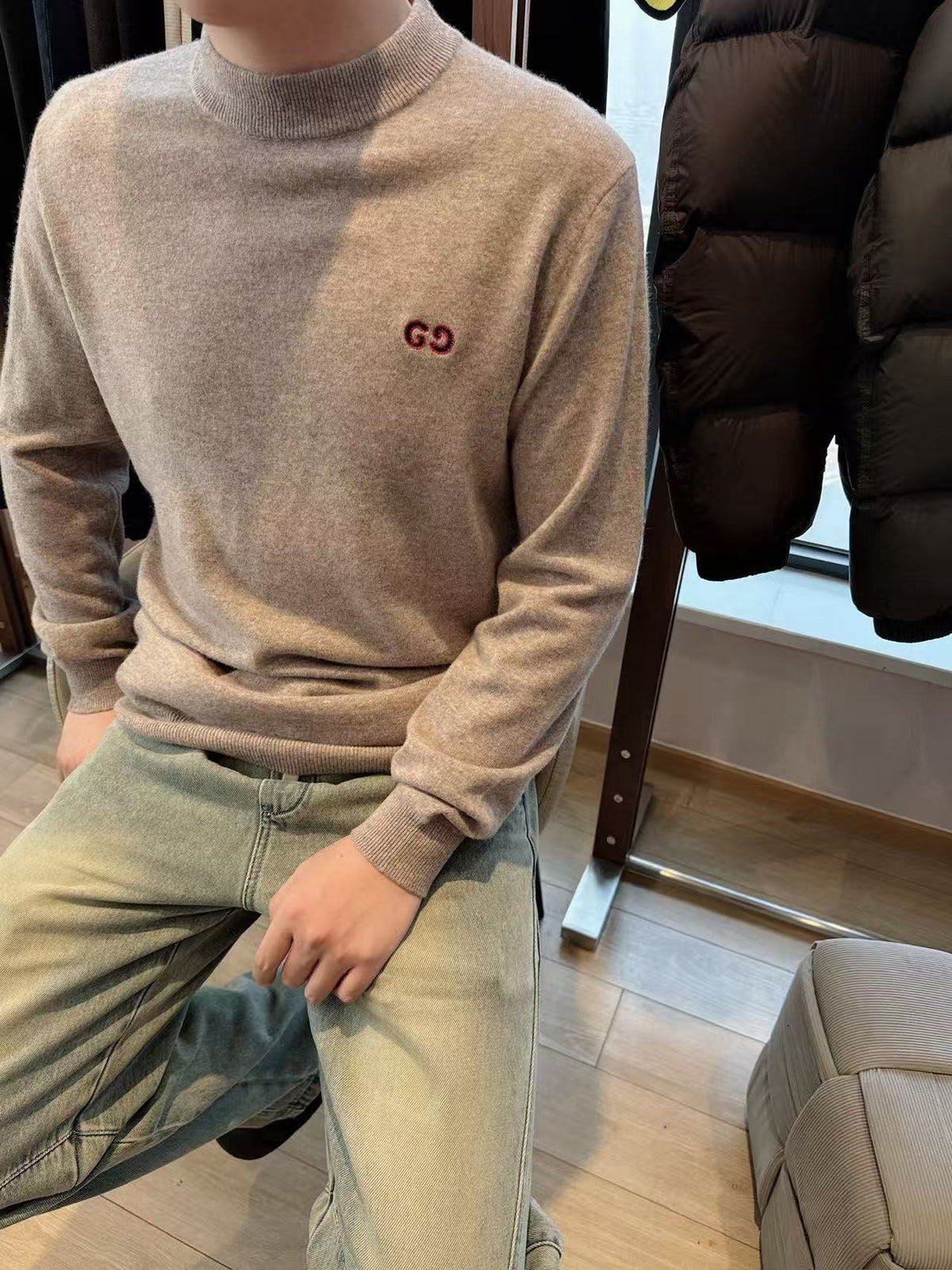 Brown Wool Chest Logo Crewneck - Men's