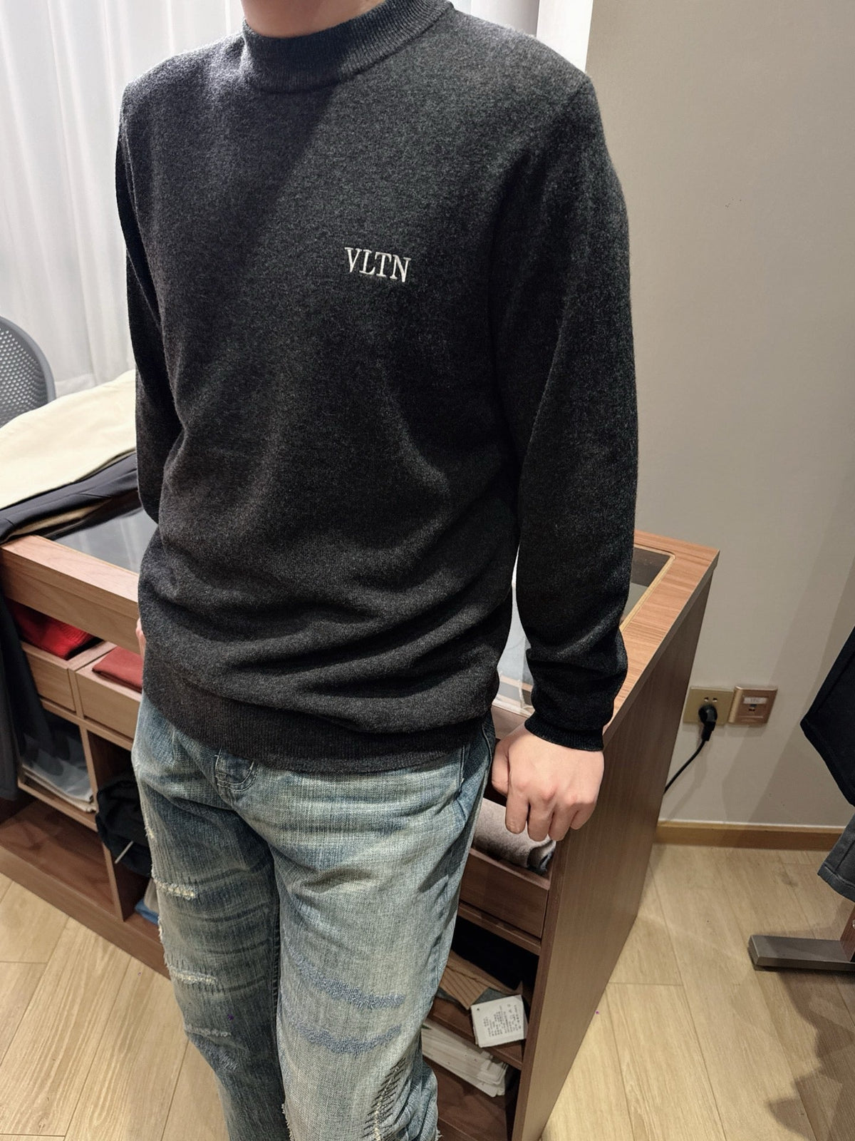 Black Wool Chest Logo Crewneck - Men's