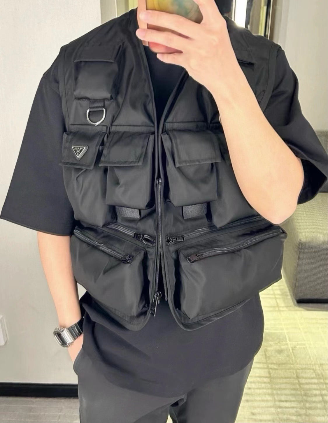 Black Nylon Multi-Pocket Utility Gilet - Men's