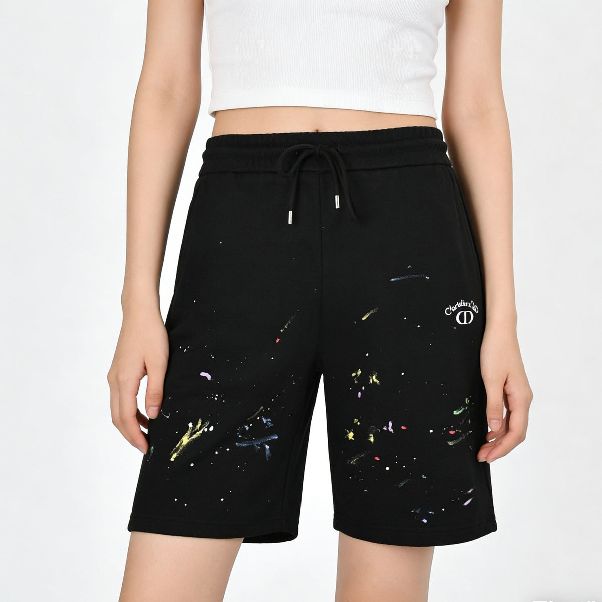 Black Cotton Splatter Print Drawstring - Men's