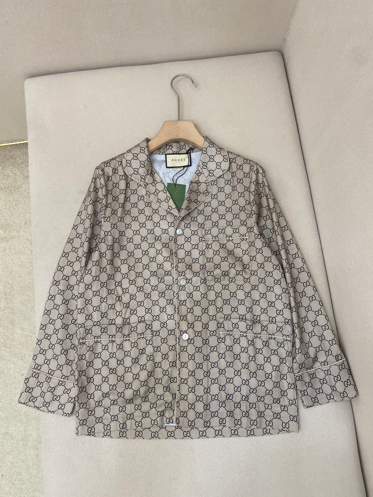 Beige Cotton Monogram Long-Sleeve - Men's