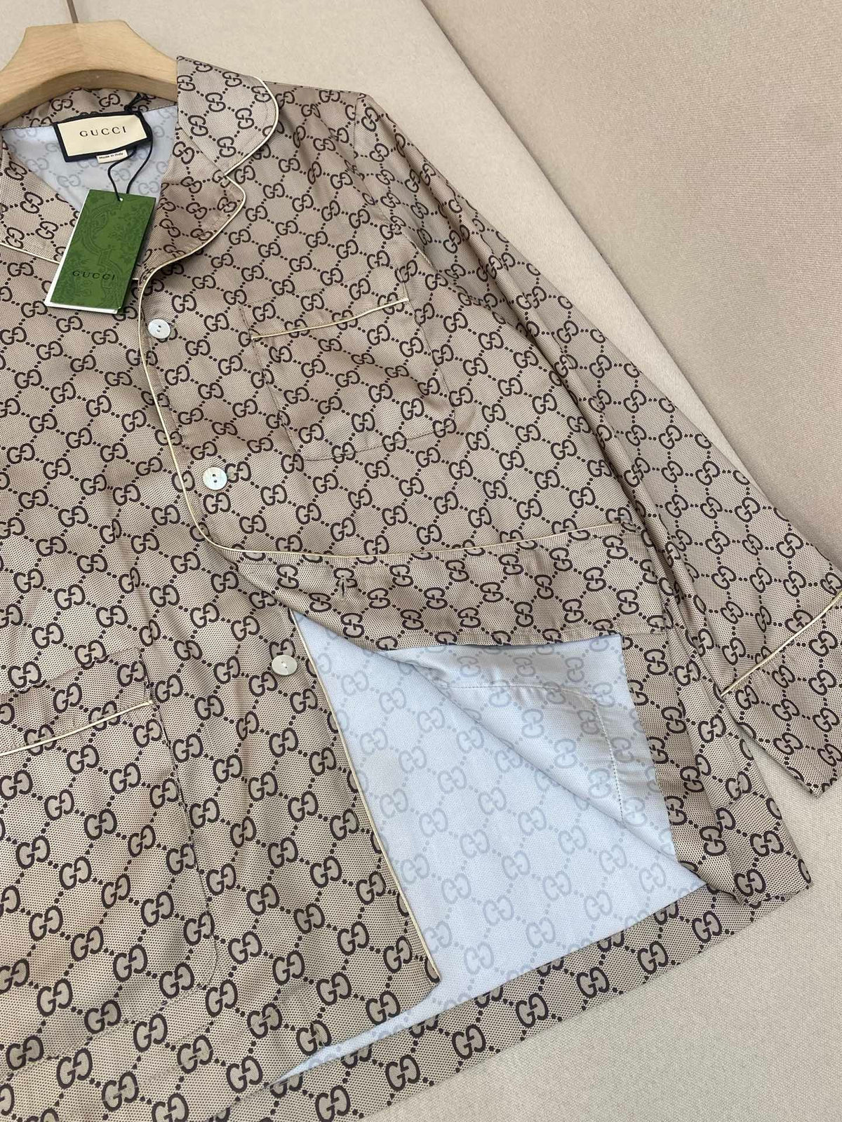 Beige Cotton Monogram Long-Sleeve - Men's
