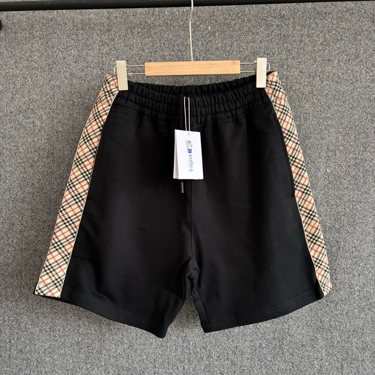 Black Cotton Check Panel Drawstring - Men's