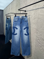 Blue Denim Logo Print Wide-Leg - Women's