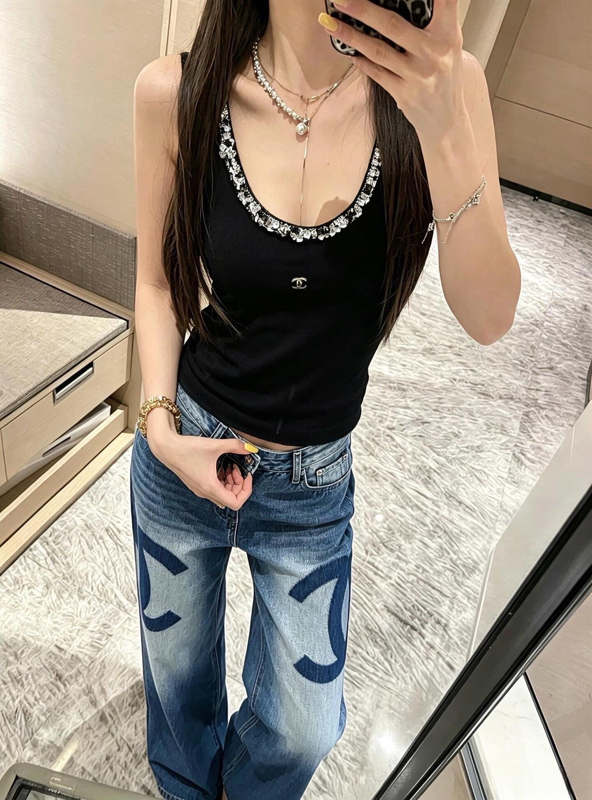 Blue Denim Logo Print Wide-Leg - Women's