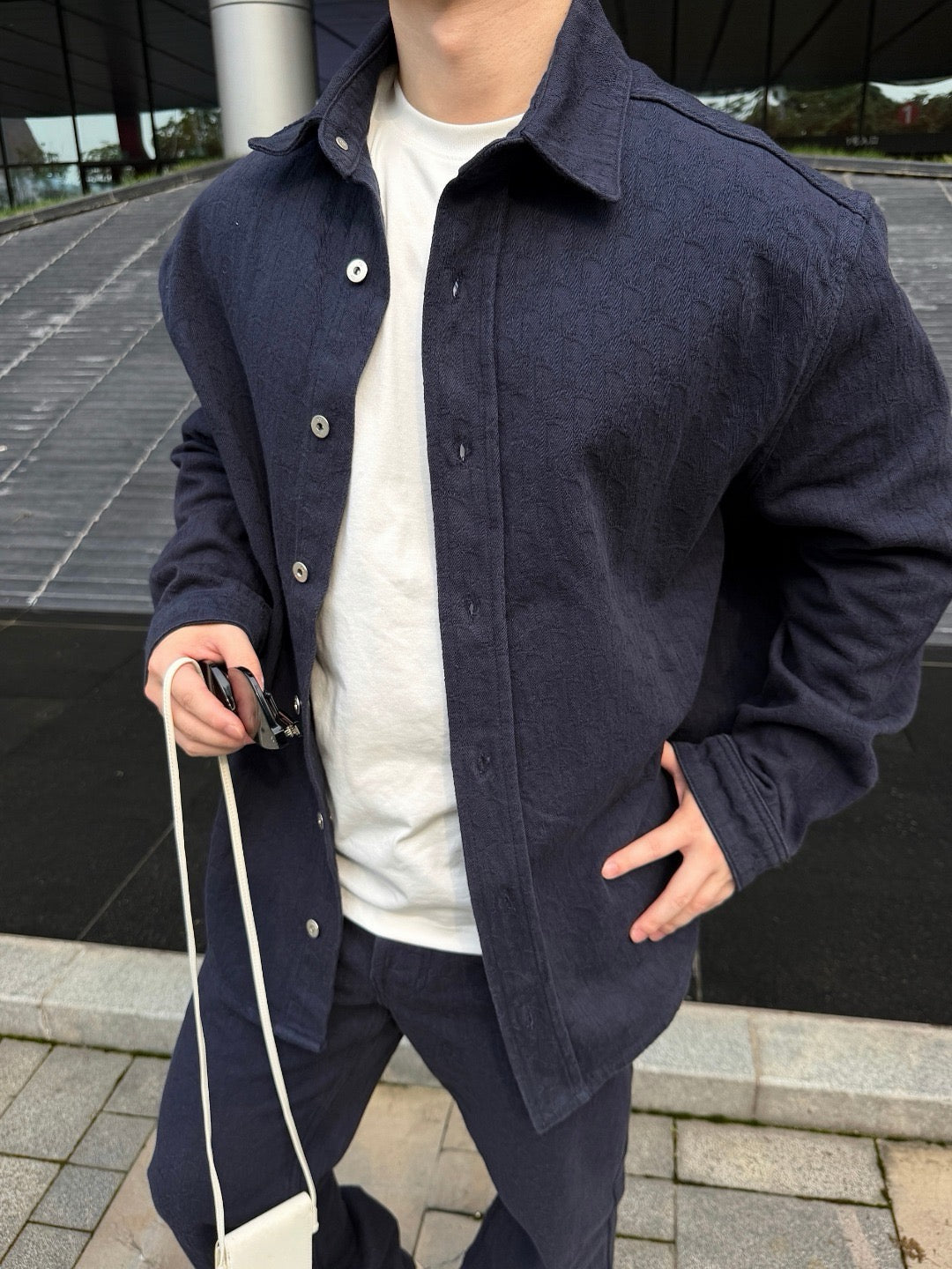 Navy Cotton Twin Pocket Long-Sleeve - Men's