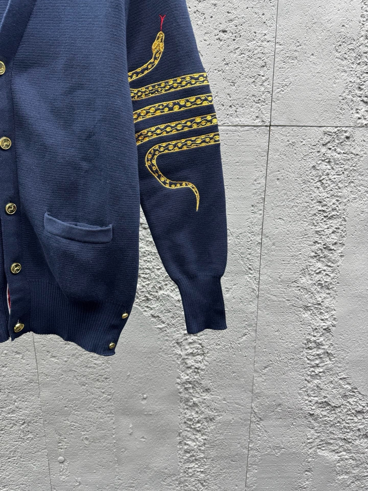 Navy Wool Embroidered Cardigan - Men's