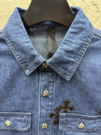Blue Denim Embroidered Overshirt - Men's