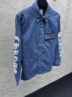 Blue Denim Sleeve Print Overshirt - Men's