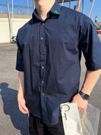 Blue Cotton Plain Short-Sleeve - Men's