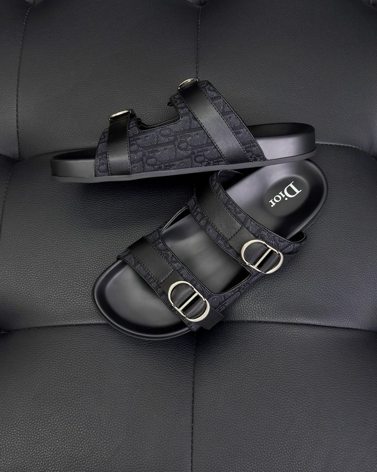Black Leather Buckle Double Strap - Men's
