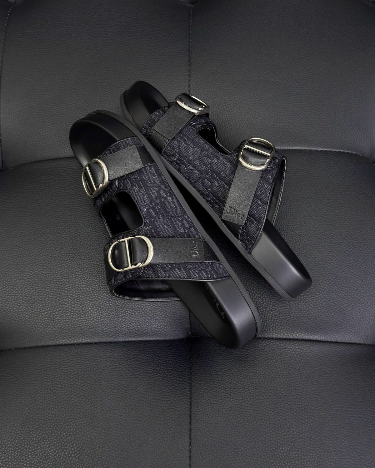 Black Leather Buckle Double Strap - Men's