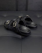 Black Leather Buckle Double Strap - Men's