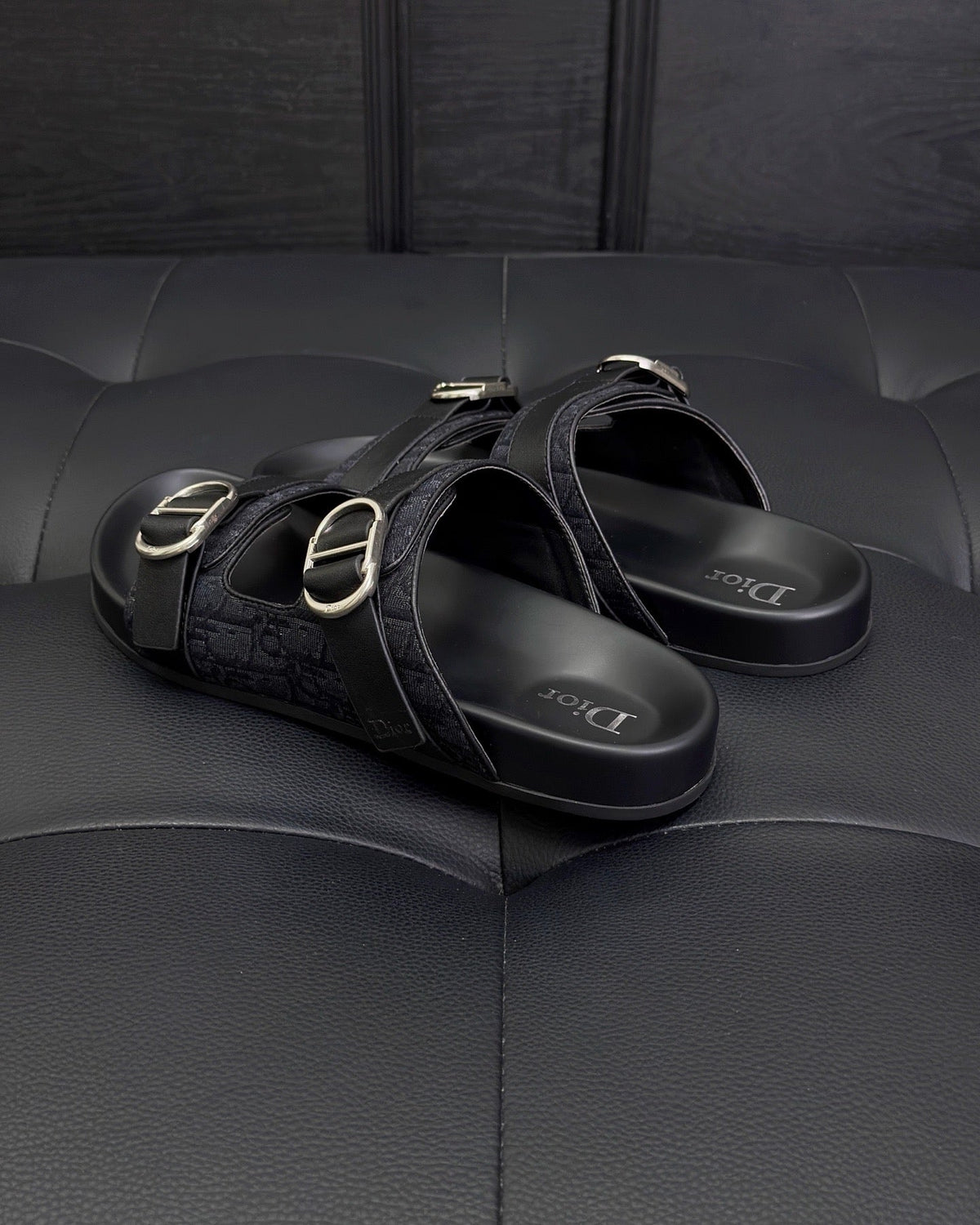 Black Leather Buckle Double Strap - Men's
