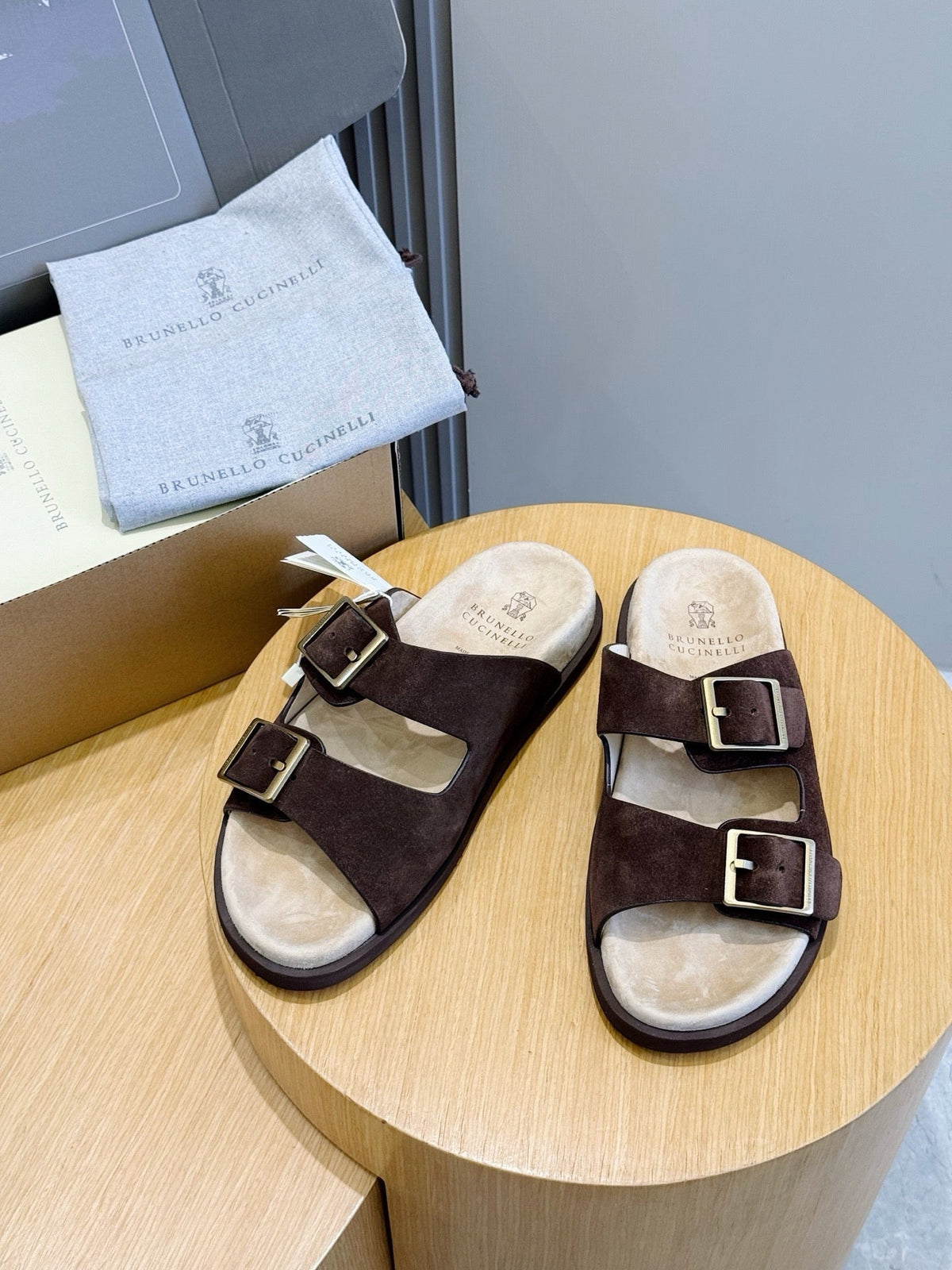 Brown Suede Cork Footbed Double Strap - Men's