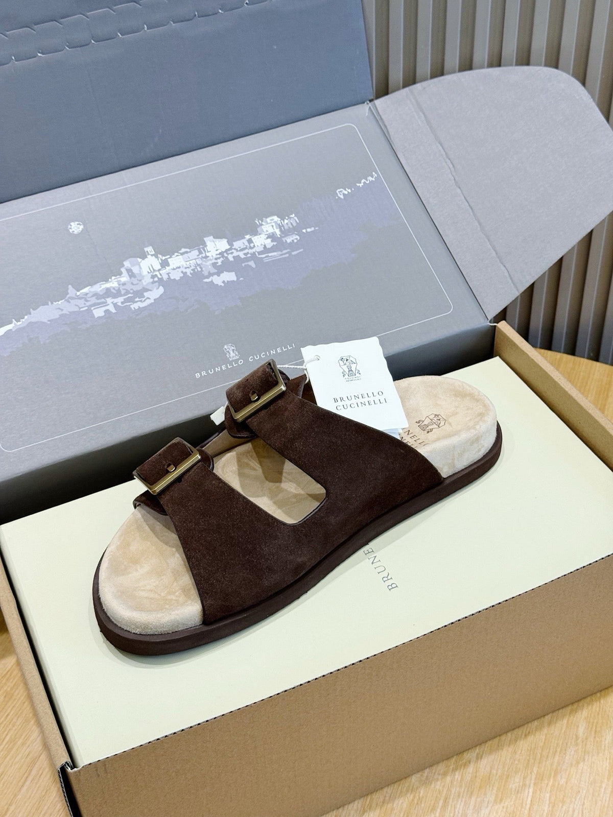 Brown Suede Cork Footbed Double Strap - Men's