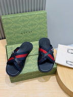 Black Leather Web Stripe Crossover - Men's