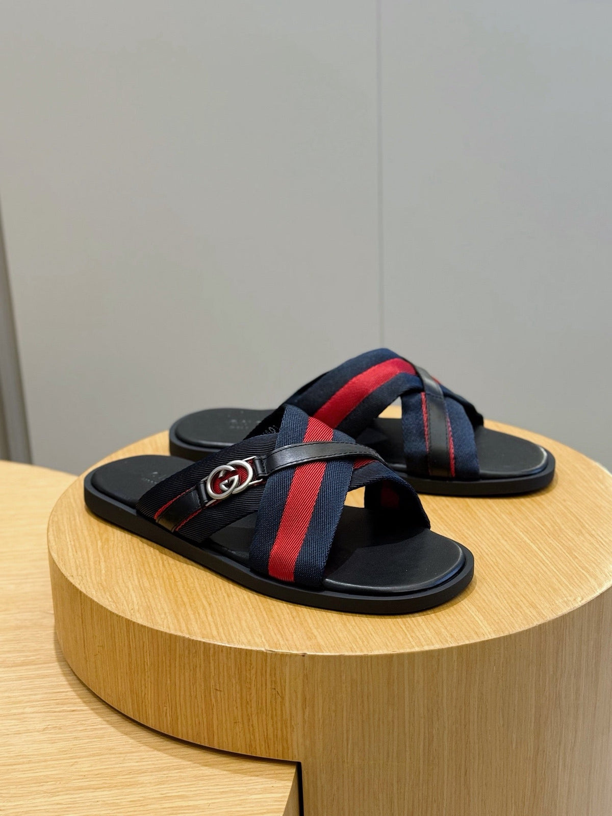 Black Leather Web Stripe Crossover - Men's
