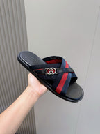 Black Leather Web Stripe Crossover - Men's